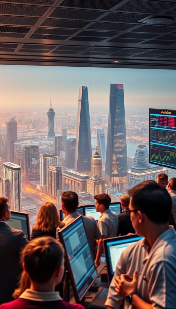 A bustling social trading platform, its sleek interface showcasing real-time market data and dynamic visualization tools. In the foreground, a group of traders closely monitoring their portfolios, their expressions focused and intent. The middle ground features intuitive order entry systems, advanced charting capabilities, and seamless social interaction features. In the background, a panoramic view of a modern financial hub, with towering skyscrapers and a pulsing cityscape. Warm, soft lighting casts a subtle glow, creating an atmosphere of professionalism and innovation. The entire scene conveys the power and potential of collaborative investing in the European financial landscape.
