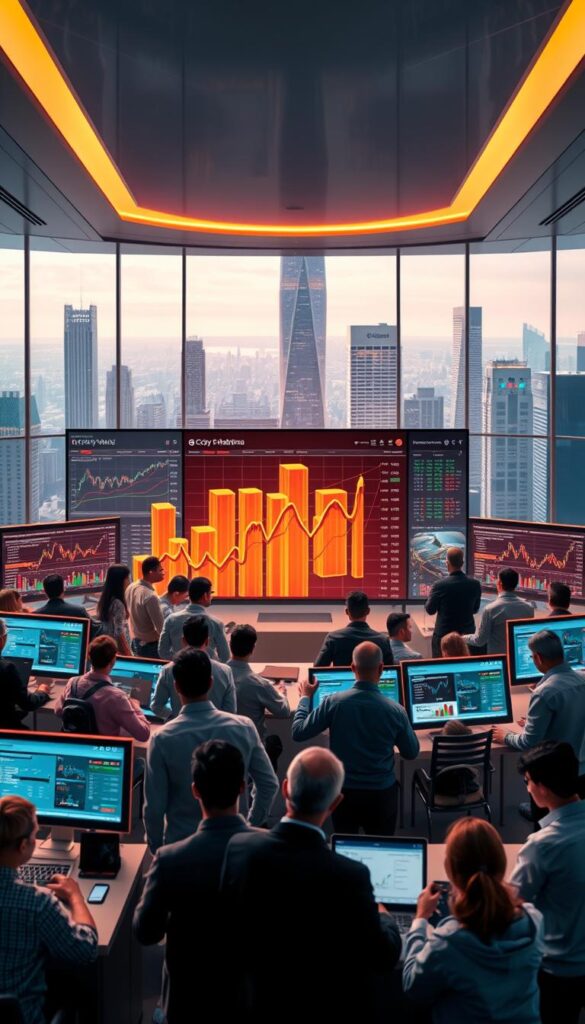 A bustling social trading platform set against a sleek, modern backdrop. In the foreground, a diverse group of traders collaborate, sharing insights and strategies on intuitive dashboards. The middle ground features a 3D data visualization, intricate charts, and real-time market updates, all bathed in a warm, ambient lighting. The background depicts a cityscape of towering skyscrapers, reflecting the global reach and interconnectedness of the platform. The overall scene conveys a sense of community, empowerment, and the fusion of human expertise and cutting-edge technology in the world of copy trading.
