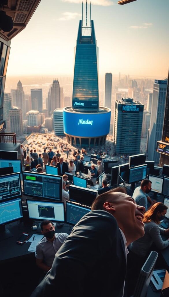 A bustling stock trading floor, teeming with activity. In the foreground, a confident trader intently monitoring multiple screens, their face lit by the glow of financial data. Surrounding them, a tapestry of digital charts, graphs, and trading platforms - the tools of their craft. In the middle ground, a team of analysts collaborating, sharing insights and strategies. The background is a panoramic view of the Nasdaq exchange, its iconic tower standing tall, a symbol of financial success. Warm, directional lighting casts a sense of optimism and achievement, as the trader's expression reflects the thrill of navigating the markets through the power of copy trading.