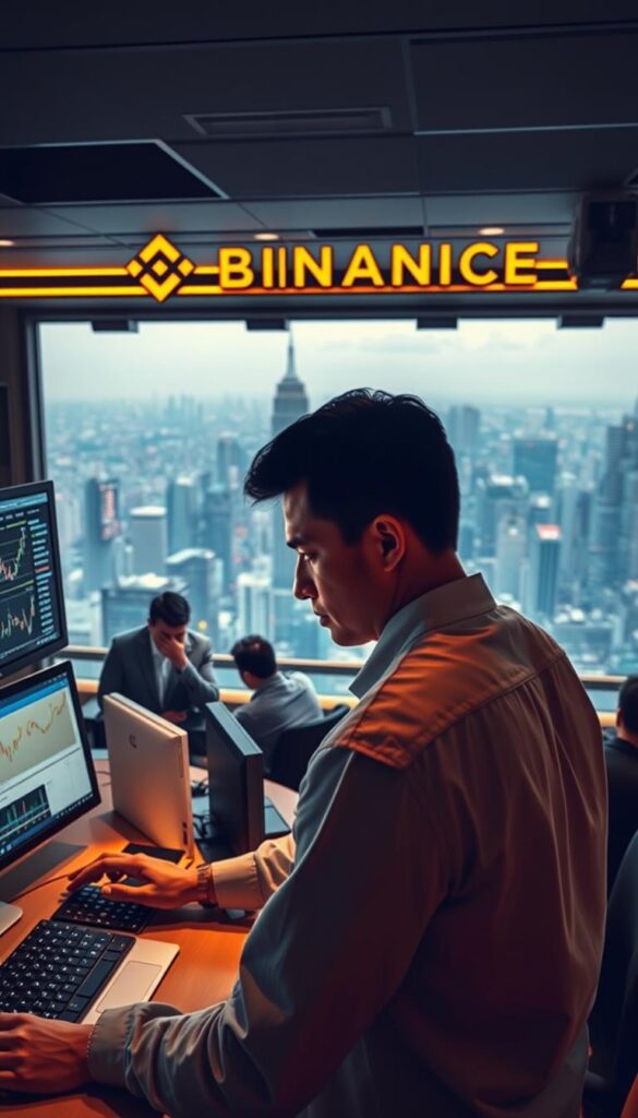 A bustling trading desk overlooking the Binance cryptocurrency exchange. In the foreground, a trader intently studying charts and market data, their face illuminated by the glow of multiple screens. The middle ground features a team of analysts collaborating, sharing insights and strategies. In the background, a panoramic view of the city skyline, hinting at the global scale of the financial markets. The lighting is a warm, focused glow, conveying a sense of concentration and determination. The camera angle is slightly elevated, giving a sense of the trader's perspective and the gravity of their decisions. The overall mood is one of focused intensity, with an undercurrent of anticipation and opportunity.