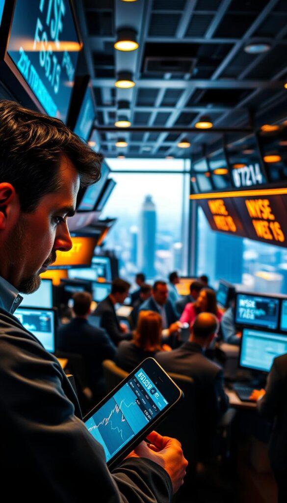 A bustling trading floor, illuminated by warm overhead lighting and the glow of multiple screens. In the foreground, a trader intently analyzing stock charts, their expression one of deep concentration. In the middle ground, a team of analysts collaborating, gesticulating as they discuss the latest market trends. The background is a panoramic view of the cityscape, hinting at the broader economic forces at play. The atmosphere is one of energy, focus, and the high-stakes world of financial decision-making.