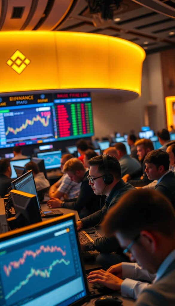 A bustling trading floor on Binance, with traders intently focused on their dual-screen setups. The soft glow of monitors illuminates their faces as they analyze charts, track real-time market data, and execute trades with precision. In the background, a large, curved display showcases the latest cryptocurrency prices, casting a warm, ambient light across the scene. The atmosphere is one of concentration and determination, as the traders seek to capitalize on the ever-changing market conditions. The camera angle is slightly elevated, capturing the dynamic energy of the trading environment.