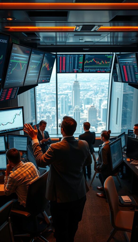 A bustling trading floor with brokers intently studying financial data on multiple screens. In the foreground, a trader gestures animatedly, highlighting the real-time charts and graphs, demonstrating the power of copy trading services. The middle ground features a team of analysts collaborating, sharing insights and strategies. The background showcases a panoramic view of the cityscape, reflecting the global scale of the financial markets. Warm lighting casts a professional, authoritative atmosphere, emphasizing the expertise and reliability of the copy trading providers.