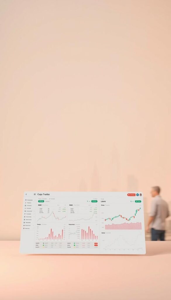 A clean, minimalist copy trading interface set against a soft, muted backdrop. In the foreground, an intuitive dashboard displays key metrics and trading signals, inviting the user to explore and analyze potential investment opportunities. The middle ground features a series of interactive charts and graphs, their lines and curves conveying real-time market data with precision. In the background, a blurred cityscape hints at the global nature of the platform, suggesting a world of financial possibilities at the user's fingertips. Warm, indirect lighting casts a gentle glow, creating a sense of calm and focus as the user navigates the seamless, user-friendly interface.