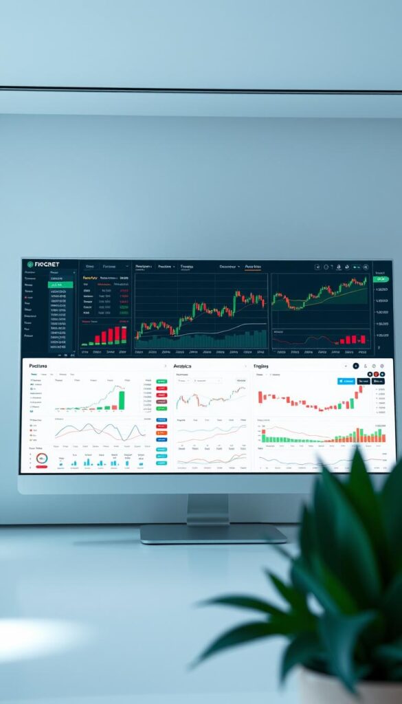 A clean, minimalist interface depicting a sophisticated copy trading platform. In the foreground, an array of real-time trading data, charts, and analytics tools. The middle ground showcases intuitive portfolio management features, seamlessly integrating active positions and automated trading strategies. In the background, a sleek dashboard displaying global market trends and performance indicators, all bathed in a soft, ambient lighting that conveys a sense of professionalism and digital expertise. The overall composition evokes a cutting-edge financial technology solution, designed to empower users with the insights and control needed to navigate the complexities of the trading landscape.