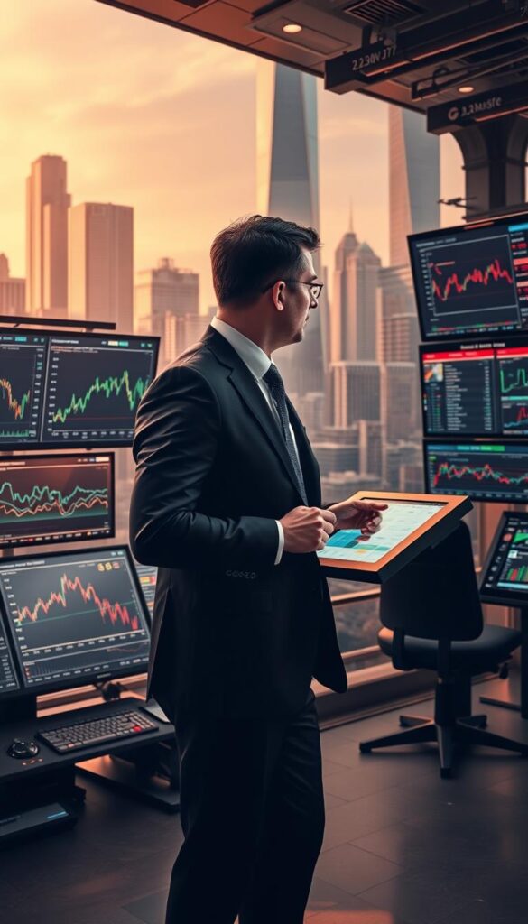 A complex algorithmic trading system with sleek interfaces, dynamic charts, and real-time data feeds. The foreground depicts various graphs, indicators, and trading tools arranged on multiple high-resolution displays. In the middle ground, a trader wearing a smart suit stands poised, hands on a touchscreen console, intently monitoring the market activity. The background is filled with a cityscape of towering skyscrapers, reflecting the fast-paced, technologically advanced world of modern finance. Warm lighting casts an air of professionalism and efficiency, while subtle camera angles convey a sense of authority and control over the automated trading solutions.