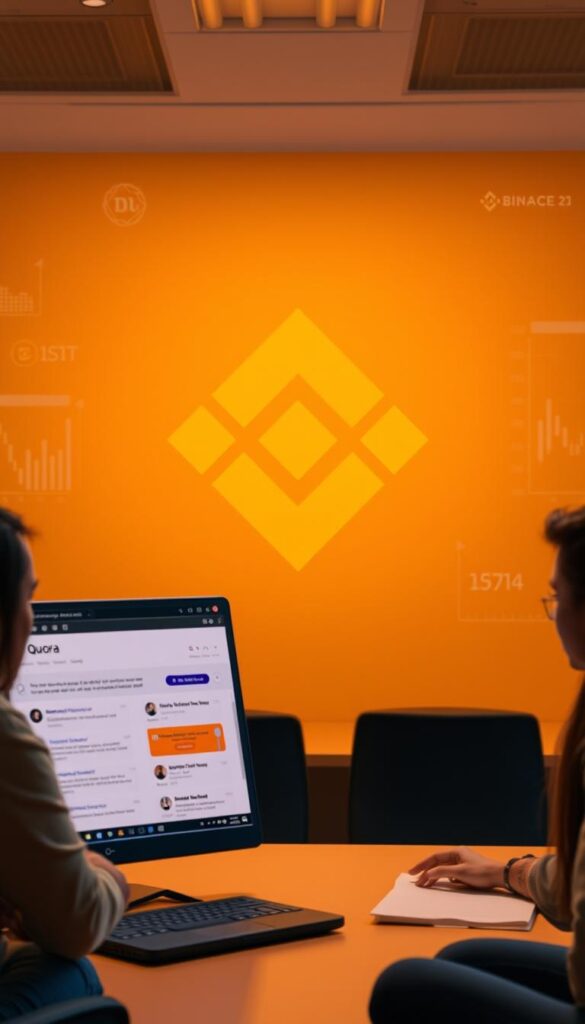 A cozy Quora discussion forum set against the backdrop of the Binance logo, with users engaged in lively exchanges about cryptocurrency trading strategies. The foreground features a warm-toned desktop interface with flowing conversation threads, while the middle ground showcases the Binance hexagon emblem in muted colors. The background subtly blends digital elements like abstract data visualizations and ambient technological motifs, creating a visually harmonious and informative composition that reflects the intersection of Quora's community-driven platform and Binance's influential presence in the crypto landscape.