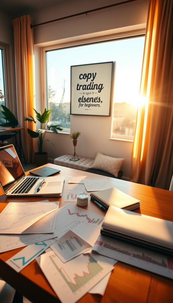 A cozy and inviting home office setting, with a laptop, notebook, and pen on a wooden desk. Warm, natural lighting filters through large windows, casting a gentle glow on the scene. On the wall, an inspirational quote or artwork related to the topic of "Copy Trading Tips for Beginners" is displayed. In the foreground, various financial charts and graphs are scattered, hinting at the analytical nature of the subject matter. The overall atmosphere conveys a sense of productivity, focus, and the potential for personal growth and financial success through the practice of copy trading.