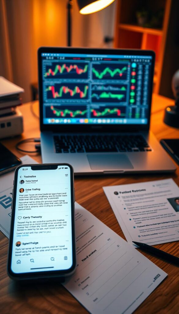 A cozy, well-lit home office setting, with a laptop, a smartphone, and several printed documents arranged neatly on a wooden desk. The laptop screen displays various financial charts and graphs, while the smartphone screen showcases a social media platform showcasing positive user reviews for a copy trading service. The atmosphere is one of professionalism and trust, with warm lighting casting a subtle glow over the scene. The overall composition suggests a satisfied, successful trader who has found a reliable copy trading tool to enhance their trading experience.