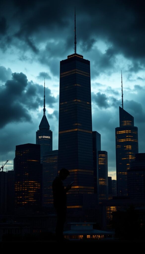 A dark, ominous cityscape at dusk, with towering skyscrapers casting long shadows across the financial district. In the foreground, a person stands alone, looking anxiously at a smartphone, symbols of financial risk and uncertainty swirling around them. The sky is filled with storm clouds, creating an atmosphere of foreboding. The scene is lit by a mix of warm and cool tones, with the buildings illuminated by a mix of natural and artificial light. The composition is balanced, with the central figure positioned off-center, drawing the viewer's eye towards the sense of unease and risk associated with copy trading in Europe.