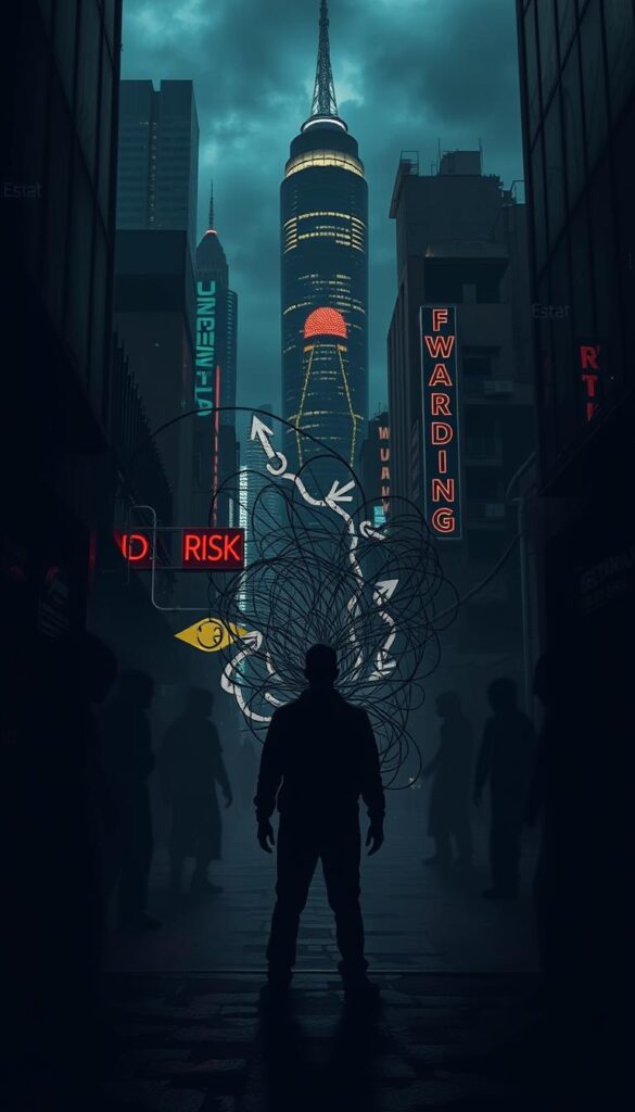 A dark, ominous cityscape at night, with towering skyscrapers and neon signs flickering ominously. In the foreground, a person stands in a dimly lit alleyway, surrounded by shadowy figures representing the risks and pitfalls of copy trading - a swirling mass of tangled lines, arrows, and ominous symbols. The lighting is harsh, casting dramatic shadows and creating an atmosphere of unease and uncertainty. The overall scene conveys a sense of danger, complexity, and the need for caution when engaging in copy trading activities.