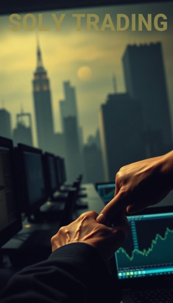 A darkened financial trading floor, illuminated by the glow of computer screens. In the foreground, a trader's hand hovers over a mouse, hesitating as they contemplate the risks of copy trading. The background is a hazy, foreboding cityscape, representing the potential pitfalls and volatility of the markets. The lighting is moody, casting dramatic shadows that heighten the sense of unease. The angle is slightly tilted, adding to the unsettling atmosphere. The overall mood is one of caution and uncertainty, conveying the need for thorough research and risk management when engaging in copy trading strategies.