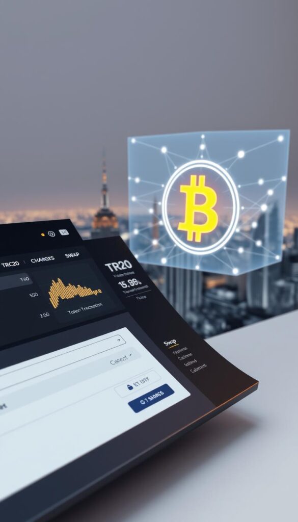 A detailed 3D rendering of a financial transaction dashboard, showcasing the fees and charges associated with a TRC20 to Bitcoin swap. The foreground features a sleek, minimalist interface with clearly labeled input fields, swap buttons, and a dynamic fee breakdown. The middle ground depicts a holographic projection of the blockchain network, with nodes and pathways illuminating the token transfer process. The background subtly blends a city skyline and a starry night sky, creating a sense of technological innovation and global interconnectedness. The lighting is soft and diffused, lending an air of professionalism and sophistication to the scene. The camera angle is slightly elevated, providing an immersive and comprehensive view of the swap experience.