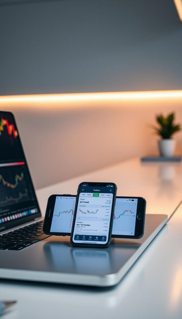 A detailed analysis of the copy trading process unfolds on a sleek, modern desk. In the foreground, a laptop displays candlestick charts and financial data, illuminated by warm, focused lighting. In the middle ground, a smartphone showcases a copy trading platform, its intuitive interface guiding the user through the steps of mirroring successful traders. The background features a minimalist office setting, with subtle hints of technology and finance, creating an atmosphere of productivity and informed decision-making.