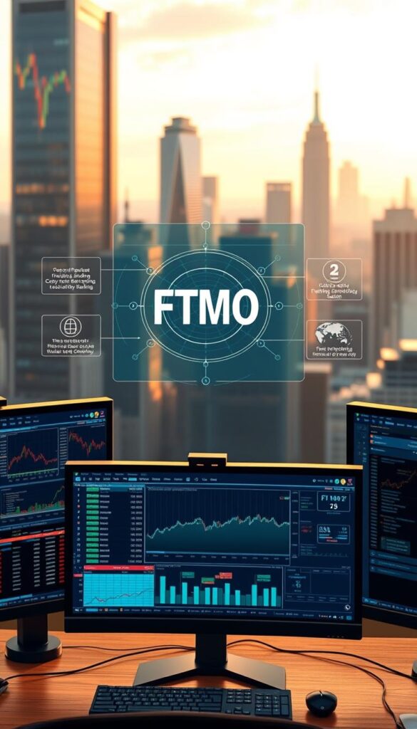 A detailed illustration showcasing the benefits of FTMO's copy trading system. In the foreground, a trader's desktop setup with multiple monitors displaying real-time trading data and analytics. In the middle ground, a holographic interface highlights the FTMO copy trading platform, with intuitive controls and visual insights. The background features a cityscape with skyscrapers, symbolizing the global reach and scale of the FTMO ecosystem. Soft, warm lighting creates a professional and authoritative atmosphere, while a shallow depth of field emphasizes the focus on the trading tools and technology. The overall composition conveys the efficiency, convenience, and wealth-building potential of FTMO's copy trading services.