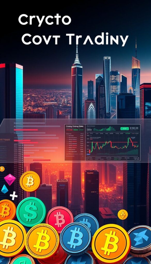 A digital collage depicting crypto copy trading strategies. In the foreground, a series of colorful cryptocurrency icons, each representing a different trading approach - from arbitrage to social sentiment analysis. The middle ground features a sleek, futuristic dashboard displaying real-time market data and algorithmic trading signals. In the background, a cityscape of towering skyscrapers, symbolizing the global scale of the crypto economy. The scene is bathed in a warm, neon-tinged glow, evoking the excitement and dynamism of the crypto markets. The overall composition conveys a sense of precision, automation, and the promise of effortless wealth building through strategic copy trading.