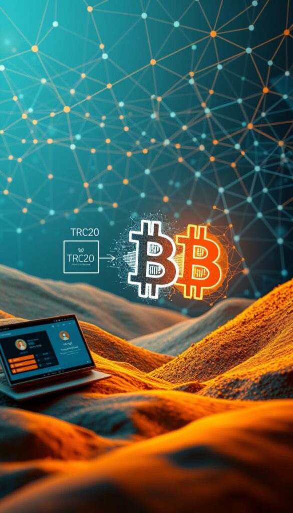 A digital landscape unfolds, showcasing the intricate conversion process from TRC20 tokens to Bitcoin. In the foreground, a sleek, futuristic interface displays the step-by-step flow, with intuitive icons and vibrant visualizations guiding the user through the transaction. The middle ground features a dynamic, three-dimensional representation of the TRC20 token being transformed, its edges shimmering with digital energy as it seamlessly integrates with the iconic Bitcoin symbol. In the background, a mesh of interconnected blockchain nodes and networks creates a sense of scale and interconnectivity, emphasizing the secure and decentralized nature of the conversion. Soft, directional lighting illuminates the scene, casting a warm, authoritative glow and conveying a sense of trust and reliability in the process.
