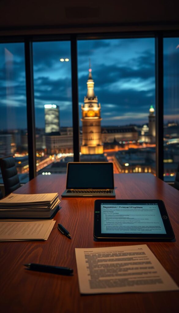 A dimly lit conference room with a wooden table, papers, and a laptop. Behind the table, a large window overlooking a bustling European city skyline at dusk. On the table, there are stacks of documents, a pen, and a tablet displaying regulations and legal text. The lighting is warm and focused, creating a sense of seriousness and professionalism. The overall atmosphere conveys the weight and importance of the legal and regulatory considerations surrounding copy trading in Europe.