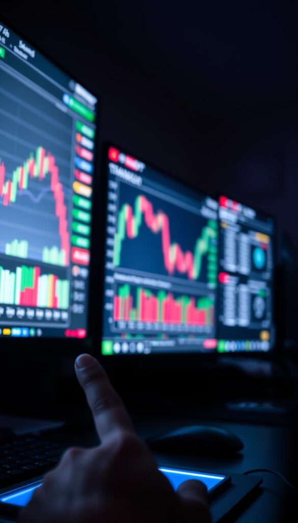 A dimly lit financial trading desk, with a large computer monitor displaying a colorful chart of cryptocurrency prices. In the foreground, a hand hovers over a touchpad, symbolizing the act of copy trading. The middle ground features various risk management tools and indicators, such as stop-loss orders and diversification metrics. The background is blurred, creating a sense of focus on the critical decision-making process. The overall atmosphere conveys a pensive, cautious mood, reflecting the need for prudent risk management in the volatile world of crypto copy trading.