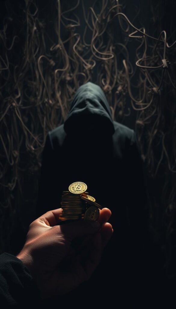 A dimly lit, high-contrast scene depicting the risks of Binance copy trading. In the foreground, a hand precariously balances a stack of crumbling, unstable cryptocurrency icons, symbolizing the fragility and volatility of blindly copying others' trades. The middle ground features a shadowy figure, their face obscured, ominously looming over the precarious setup, hinting at the potential for exploitation and loss. The background is a maze of tangled, ominous-looking wires and circuitry, creating a sense of complexity and the hidden dangers lurking within the world of cryptocurrency trading. Dramatic chiaroscuro lighting casts dramatic shadows, heightening the sense of risk and uncertainty. The overall mood is one of unease, caution, and the need for informed decision-making in the realm of copy trading.