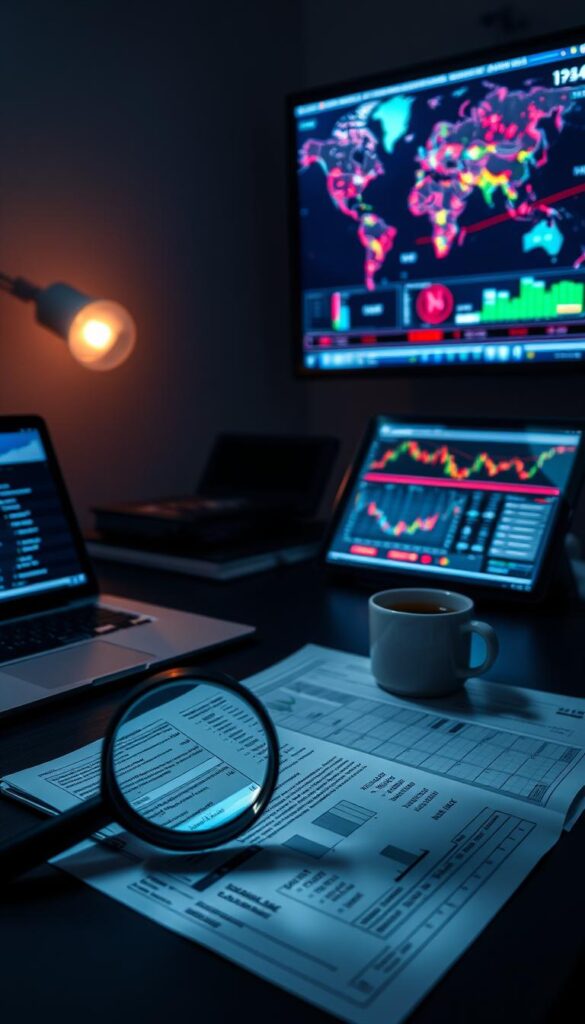 A dimly lit office desk, adorned with a laptop, a stack of financial documents, and a cup of steaming coffee. In the foreground, a magnifying glass hovers over the documents, illuminating the intricate details of copy trading strategies. The mid-ground features a tablet displaying a trading platform, showcasing various technical indicators and real-time market data. In the background, a wall-mounted monitor displays a heat map of global financial markets, casting a soft, ambient glow across the scene. The overall atmosphere evokes a sense of focused, analytical contemplation, inviting the viewer to explore the nuances of successful copy trading practices.