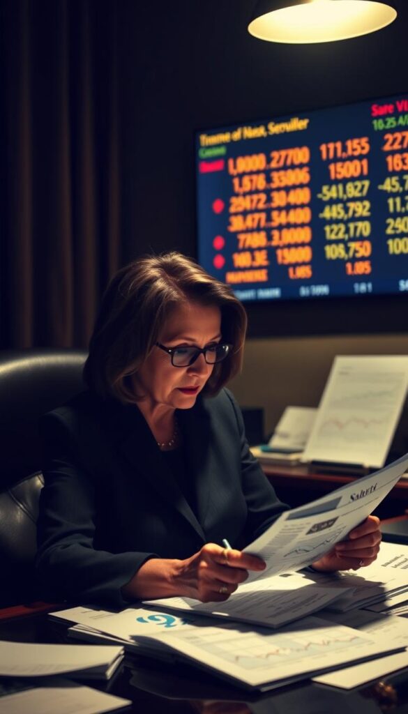 A dimly lit office interior, Nancy Pelosi seated at a desk, poring over financial documents and charts with a contemplative expression. The scene is bathed in a warm, muted lighting, casting soft shadows across her face. In the background, the faint outlines of a stock ticker display various stock prices and symbols, suggesting the subject of her strategic investment considerations. The atmosphere conveys a sense of quiet focus and deliberation, as Pelosi navigates the complexities of personal financial decisions as a public figure.