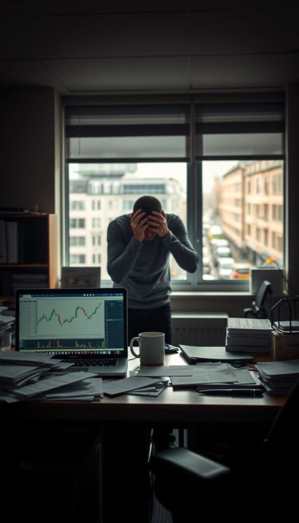 A dimly lit office interior, with a cluttered desk in the foreground. On the desk, a laptop displays a trading platform interface, surrounded by scattered papers and a mug of cold coffee. The middle ground features a beginner trader, head in hands, expressing frustration. In the background, a window overlooking the bustling streets of London provides a sense of the broader financial landscape. Soft, warm lighting creates an atmosphere of contemplation and uncertainty, mirroring the challenges of navigating the complexities of copy trading for the first time.