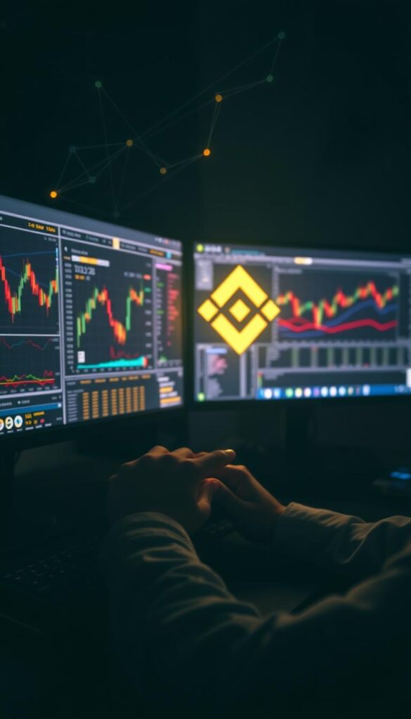 A dimly lit office scene, the glow of multiple monitors casting a soft light across a desk. On the screens, detailed charts, graphs, and trading data are displayed, reflecting the expertise of a Binance copy trading professional. In the foreground, a pair of hands confidently navigate the trading platform, making strategic decisions. The background is filled with abstract shapes and lines, suggestive of the complex algorithms and financial models that guide the trader's actions. The overall mood is one of focus, concentration, and the pursuit of financial success.