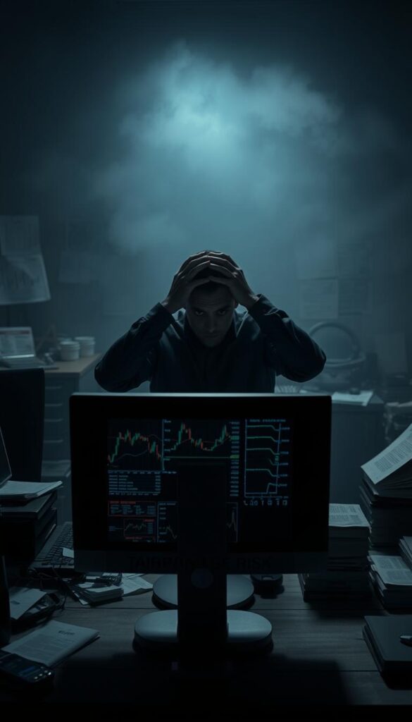A dimly lit office setting, with a desk in the foreground featuring a computer monitor displaying a confusing array of financial charts and graphs. In the middle ground, a concerned-looking person sits at the desk, hands on their head, surrounded by papers and warning signs. The background is hazy, with a sense of uncertainty and risk looming. The lighting is harsh, creating deep shadows and a sense of unease. The overall atmosphere conveys the potential pitfalls and hazards of engaging in unregulated or unsupervised copy trading activities.