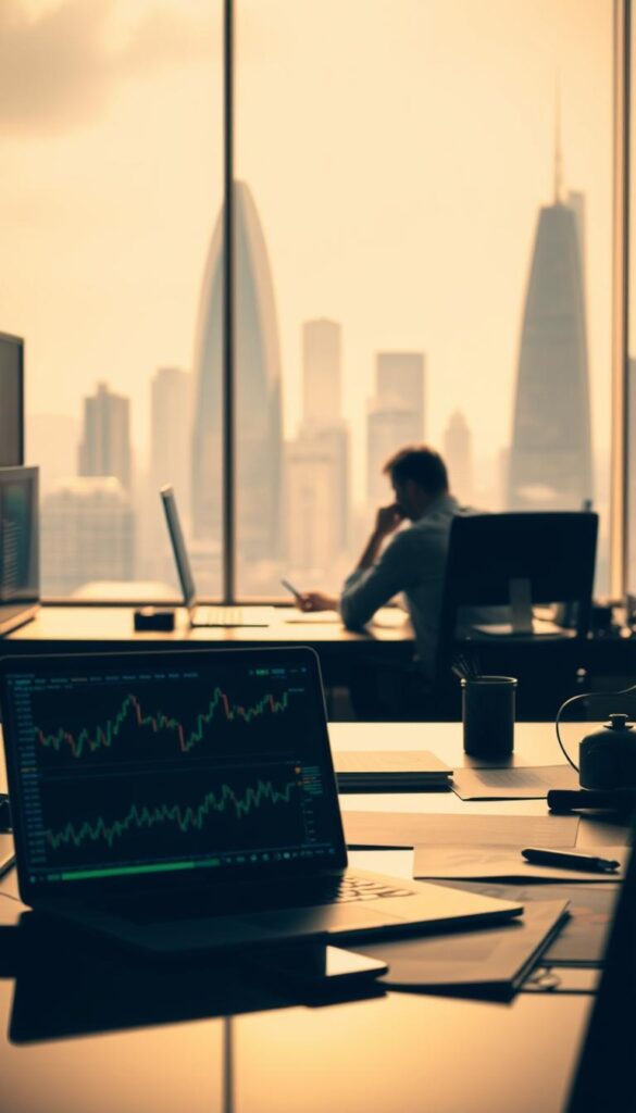 A dimly lit office setting, with a desk in the foreground featuring a laptop, smartphone, and various trading charts and graphs. In the middle ground, a successful trader is seated, intently analyzing market data and strategizing their next moves. The background showcases a sleek, modern cityscape, hinting at the high-stakes world of financial markets. Soft, warm lighting casts a contemplative atmosphere, and the overall composition conveys a sense of focus, expertise, and the potential for lucrative opportunities in the world of copy trading.