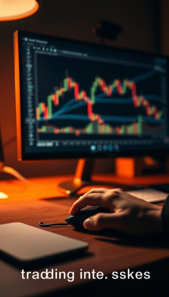 A dimly lit trading desk, with a computer screen displaying a complex financial chart. In the foreground, a hand hovers over a mouse, hesitating to click. The background is blurred, with the faint outline of a trading platform visible, suggesting the distractions and temptations that can lead to common copy trading mistakes. The scene is bathed in a warm, amber glow, creating a sense of tension and unease. The camera angle is slightly elevated, lending a sense of uncertainty and vulnerability to the scene.