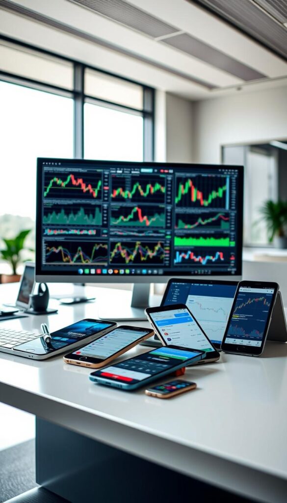 A diverse portfolio of copy trading instruments is displayed on a sleek, modern desk. In the foreground, various financial charts and graphs are visible on a high-resolution computer monitor, reflecting the data-driven nature of copy trading. In the middle ground, several mobile devices showcase different copy trading platforms, highlighting the versatility of this investment strategy. The background features a clean, minimalist office environment with large windows, allowing natural light to illuminate the scene and create a sense of transparency and professionalism. The overall mood is one of sophistication, control, and a commitment to building a well-rounded, diversified investment portfolio.