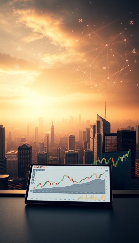 A dynamic, data-driven visualization of the USDT to BTC exchange market trends. In the foreground, a sleek, minimalist interface displays real-time charts and graphs, showcasing the ebb and flow of cryptocurrency trading activity. The middle ground features a panoramic view of the global financial landscape, with bustling cityscapes and stock exchange tickers providing context. In the background, a hazy, ethereal backdrop of blockchain networks and cryptographic symbols suggests the underlying technological infrastructure powering the exchange. Warm, diffused lighting casts a sense of authority and professionalism, while the overall composition conveys a clean, efficient, and trustworthy user experience.