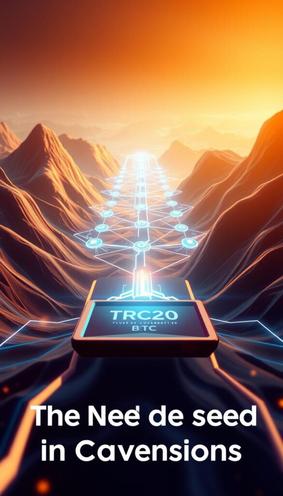 A dynamic digital landscape unfolds, where the seamless conversion of TRC20 to BTC is captured in a crisp, hyper-realistic rendering. In the foreground, a bold, angular interface showcases the lightning-fast transaction, its sleek design mirroring the urgency of the task at hand. In the middle ground, a series of interconnected blockchain nodes pulsate with energy, highlighting the technological prowess that powers this speedy conversion. The background is bathed in a warm, golden glow, conveying a sense of trust and reliability, as if to reassure the viewer of the stability and security of the process. The overall scene exudes a sense of efficiency and innovation, perfectly capturing the essence of the "The Need for Speed in Conversions."