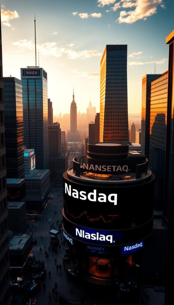 A dynamic, high-contrast cityscape featuring the iconic Nasdaq stock exchange building in the foreground, bathed in warm, golden lighting. In the middle ground, a bustling trading floor with traders intently monitoring screens and making trades. In the background, a panoramic view of the vibrant financial district, with skyscrapers and towers reaching towards the sky. The scene conveys a sense of energy, opportunity, and the power of financial markets, perfectly capturing the essence of copy trading on the Nasdaq exchange.