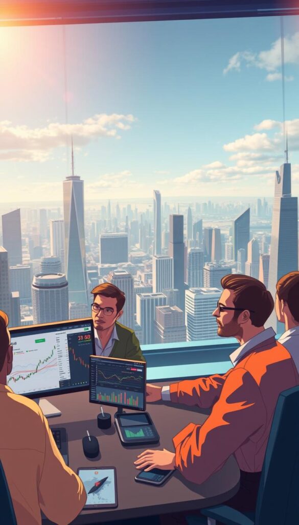 A dynamic, information-rich illustration showcasing the core elements of effective copy trading strategies. In the foreground, a series of intuitive trading dashboards and analytical tools, meticulously crafted to empower beginner traders. The middle ground features a group of successful traders, their expressions radiating confidence and focus as they monitor real-time market data. In the background, a panoramic view of a bustling financial district, with towering skyscrapers and a vibrant, energetic atmosphere. The lighting is a blend of warm, natural tones and subtle, strategic highlights, creating a sense of depth and professionalism. The overall composition conveys the empowering potential of copy trading, inspiring confidence and a desire to master this transformative investment approach.