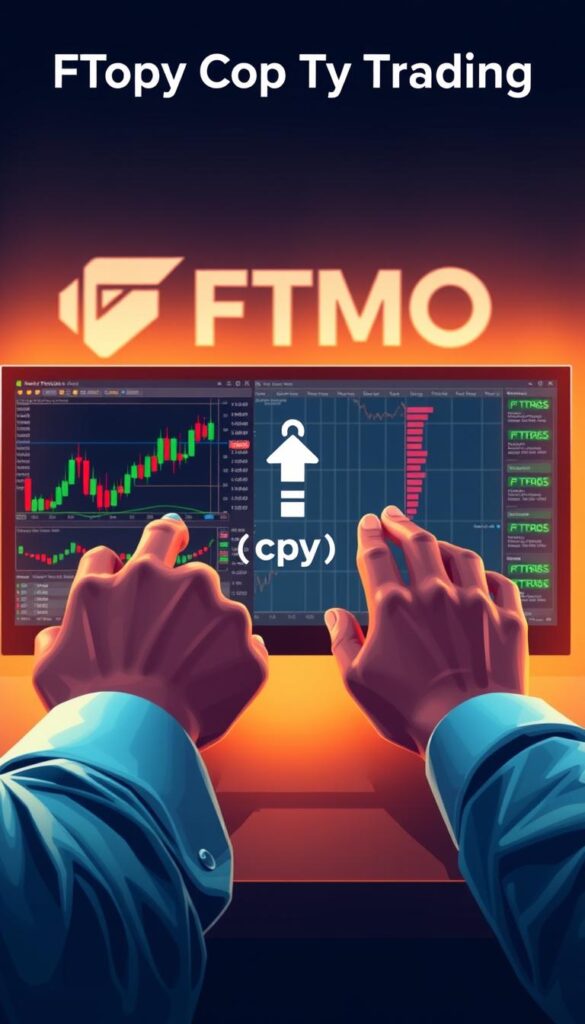 A dynamic, three-panel illustration showcasing the FTMO Copy Trading process. In the foreground, a trader's hands confidently operate a digital trading platform, charts and indicators displayed on the screen. In the middle ground, an arrow points to a connected account, symbolizing the "copy" aspect. The background depicts the FTMO logo and branding, conveying a sense of authority and trust. The scene is illuminated by warm, directional lighting, creating depth and a professional, technical atmosphere. The overall composition guides the viewer's eye through the step-by-step workflow, visually explaining the FTMO Copy Trading system.