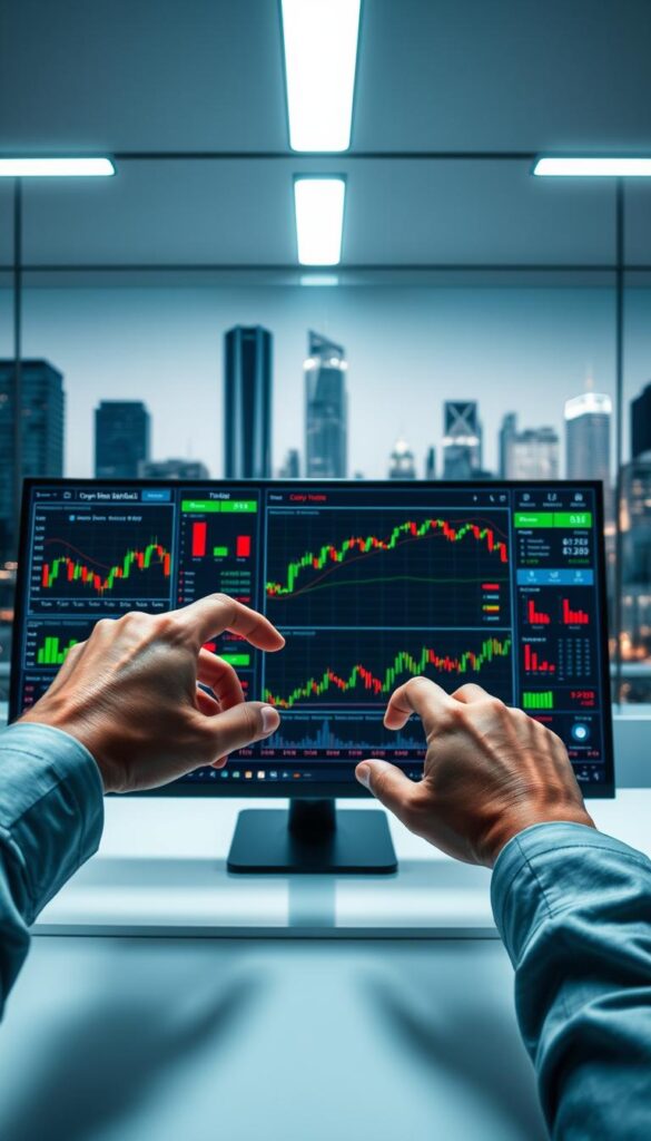 A dynamic trading dashboard displays real-time copy trading signals, with colorful charts, candlestick patterns, and financial data. The foreground showcases a pair of hands using a touchscreen interface to monitor and analyze the signals. The middle ground depicts a sleek, modern workspace with a large monitor and minimalist design. The background features a cityscape with skyscrapers, reflecting the global nature of the financial markets. The lighting is crisp and clean, creating a sense of professionalism and efficiency. The overall mood is one of precision, control, and the promise of profitable opportunities.