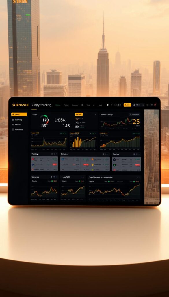 A dynamic trading dashboard showcasing various Binance copy trading strategies. In the foreground, a sleek interface displays real-time metrics, charts, and performance analytics for different copy trading models. The middle ground features AI-powered recommendation systems and risk management tools, guiding investors towards optimal copy trading opportunities. In the background, a cityscape of skyscrapers and financial data streams creates an atmosphere of sophisticated, data-driven investing. Warm lighting and a subtle color palette evoke a sense of precision and reliability, essential for successful copy trading on the Binance platform.