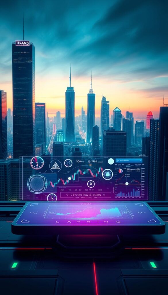 A futuristic cityscape at night, with towering skyscrapers and a vibrant neon-lit skyline. In the foreground, a sleek and minimalist trading terminal displays a holographic interface showcasing various AI-generated trading signals, represented by dynamic data visualizations and abstract symbols. The scene is bathed in a cool, technological palette of blues and greens, with a sense of energy and possibility. The overall atmosphere conveys the cutting-edge advancements in the world of automated financial trading, hinting at the transformative potential of AI-driven copy trading in the years to come.