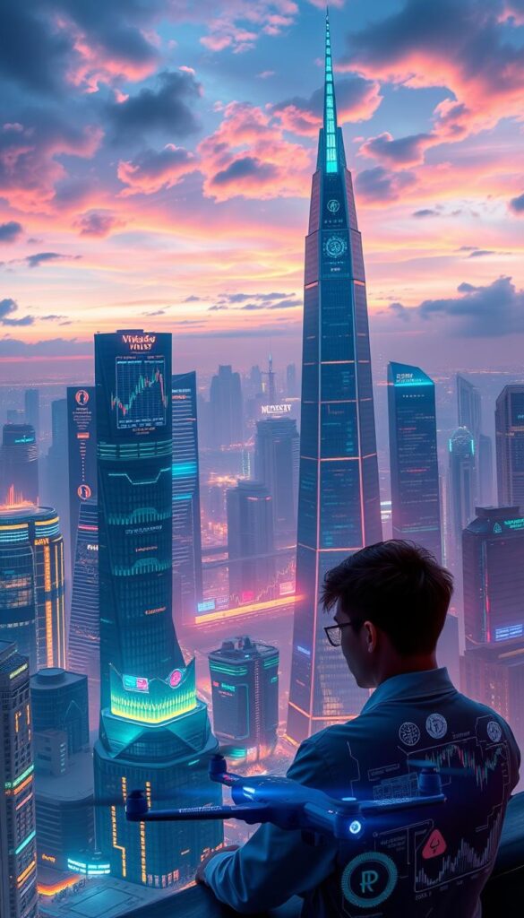 A futuristic cityscape with towering skyscrapers and gleaming spires, their facades adorned with holographic displays showcasing dynamic cryptocurrency charts and market trends. In the foreground, a group of individuals intently monitoring their digital trading platforms, their faces illuminated by the glow of seamlessly integrated virtual interfaces. The sky is a vibrant, ever-shifting canvas of shifting hues, reflecting the constant flux of the crypto market. Beneath, a bustling network of autonomous vehicles and drones navigates the cityscape, facilitating the effortless exchange of digital assets. An atmosphere of technological innovation and financial empowerment permeates the scene, hinting at the transformative potential of the future of crypto copy trading.