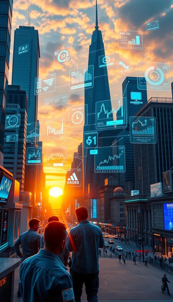A futuristic cityscape with towering skyscrapers and holograms floating in the air, illuminated by a warm, golden sunset. In the foreground, a dynamic display showcases various financial charts, graphs, and data visualizations related to copy trading strategies. The middle ground features a group of traders intently studying the displayed information, their faces lit by the glow of digital screens. In the background, a bustling financial district with busy streets and pedestrians, reflecting the ever-evolving nature of the financial landscape. The scene conveys a sense of innovation, progress, and the transformative potential of copy trading strategies in the modern era.