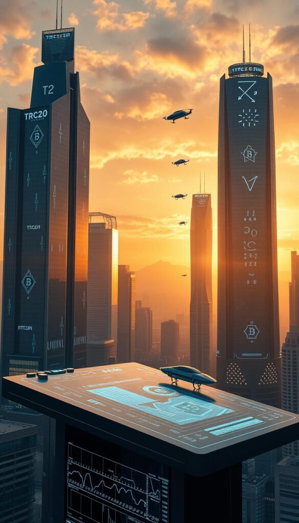 A futuristic landscape with a towering skyline of gleaming skyscrapers, their facades adorned with holographic projections showcasing the seamless integration of TRC20 and Bitcoin. In the foreground, a sleek, transparent trading terminal displays real-time data, with digital currencies flowing across the screen like liquid light. The sky is bathed in a warm, golden glow, casting a futuristic ambiance over the scene. Sleek, hover-car silhouettes dart across the skyline, symbolizing the effortless exchange of these two digital assets. The overall composition conveys a sense of technological advancement, efficiency, and the promise of a thriving, interconnected financial future.