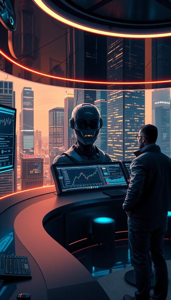 A futuristic, neon-lit control room with holographic displays and sleek, minimalist interfaces. In the foreground, a confident trader stands before a large, curved screen, intently monitoring a live trading dashboard with real-time market data. The middle ground features a sophisticated copy trading bot, its algorithms crunching numbers and executing trades seamlessly. The background showcases a cityscape of towering skyscrapers, their windows glowing with the energy of a bustling financial district. Soft, warm lighting bathes the scene, creating an atmosphere of professionalism and technological prowess. The overall mood is one of efficiency, precision, and the thrill of automated, high-performance trading.
