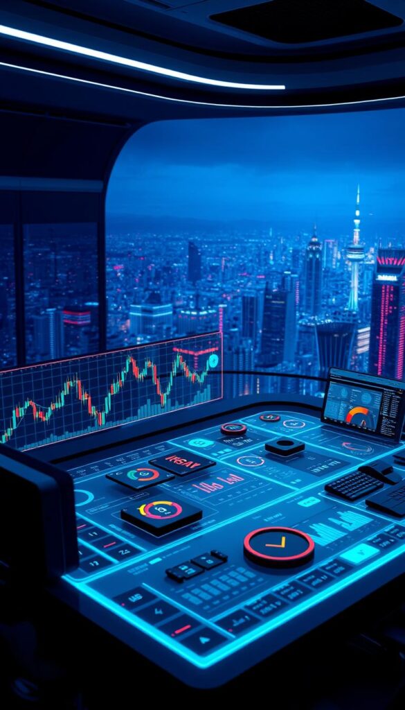 A futuristic trading terminal with sleek, minimalist design and advanced crypto analysis features. The foreground displays a large holographic chart, with dynamic price data and trend indicators. In the middle ground, various trading tools and customizable dashboards are neatly arranged on a glass-like interface. The background depicts a vast, panoramic view of a modern city skyline, illuminated by vibrant neon lights. The entire scene is bathed in a cool, blue-tinted lighting, creating a sense of technological sophistication and financial power.