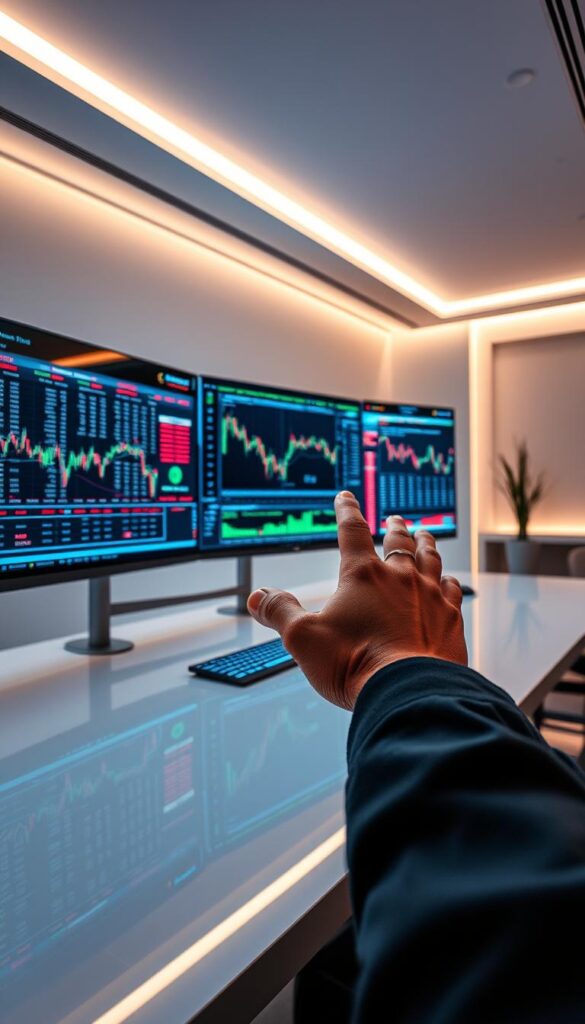 A gleaming trading desk illuminated by soft, ambient lighting. On the display screens, a mosaic of real-time trading signals and data visualizations. In the foreground, a professional trader's hand gestures towards the screens, emphasizing the power of copy trading. The desk is situated in a sleek, minimalist office environment, with clean lines and a hint of futuristic technology. The atmosphere conveys a sense of precision, control, and the thrill of financial markets. The overall composition suggests the seamless integration of human expertise and cutting-edge digital tools, capturing the essence of the "Pros and Cons of Copy Trading" section.