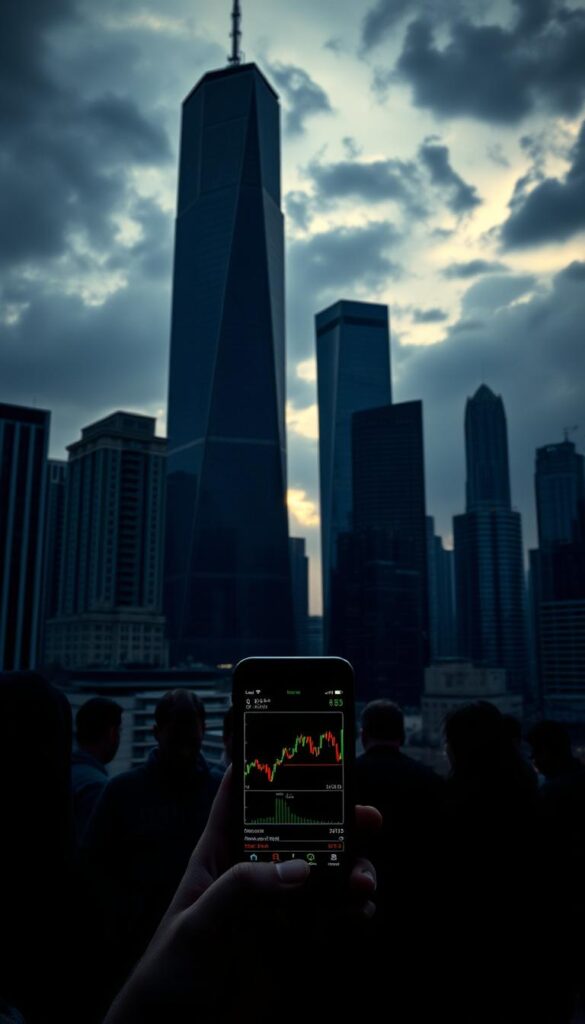 A gloomy, desaturated cityscape at dusk, with towering skyscrapers and a cloudy, ominous sky. In the foreground, a group of people appear anxious and uncertain, gathered around a smartphone displaying volatile cryptocurrency charts. The lighting is dramatic, with sharp shadows and contrasts, conveying a sense of unease and risk. The composition is balanced, with the buildings and sky framing the central figures, emphasizing the precariousness of their financial situation. The overall atmosphere is one of foreboding, hinting at the potential dangers and pitfalls of crypto copy trading.