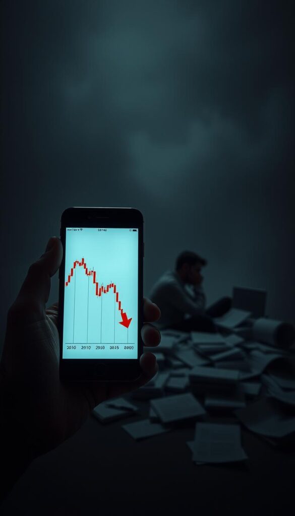A gloomy, dimly lit scene depicting the pitfalls of Jupiter copy trading. In the foreground, a hand holding a smartphone displays a graph with red arrows pointing downwards, symbolizing financial losses. In the middle ground, a silhouetted figure slumps in despair, surrounded by a scattered pile of documents and charts. The background is shrouded in a hazy, muted color palette, evoking a sense of uncertainty and regret. The overall composition conveys the consequences of making common mistakes in the Jupiter copy trading strategy, serving as a cautionary tale for investors.