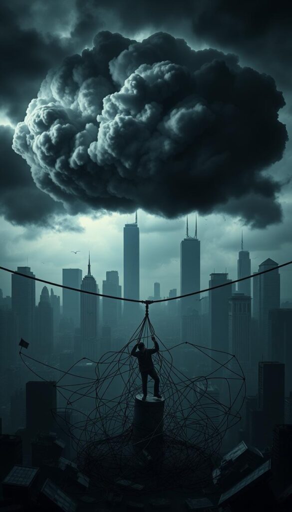 A gloomy financial landscape with a dark cloud of risk looming overhead. In the foreground, a person caught in a tangled web of unsustainable trading strategies, symbolizing the perils of blindly following others' investment decisions. The middle ground features a tug-of-war between opposing forces, representing the volatile nature of copy trading. In the background, a dimly lit cityscape with skyscrapers casting long shadows, creating an atmosphere of uncertainty and impending doom. Dramatic lighting and a moody color palette convey the gravity of the situation, while the composition suggests the precarious nature of copy trading and the potential for significant financial losses.