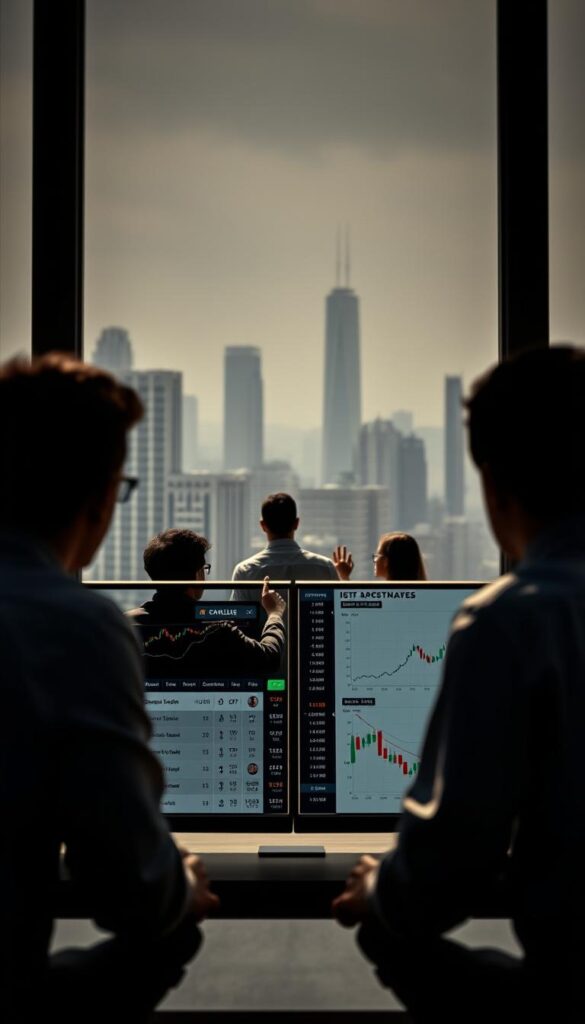 A high-contrast, cinematic image of a financial trading strategy dashboard, showcasing various copy trading tools and indicators. The foreground displays a sleek, minimalist interface with customizable charts, order books, and performance analytics. The middle ground features a trio of savvy traders monitoring their portfolios, gesturing intuitively as they discuss optimal copy trading tactics. The background is a muted cityscape, hinting at the global, interconnected nature of the financial markets. Dramatic lighting casts long shadows, creating a sense of depth and drama. The overall mood is one of focused intensity, as the traders harness the power of copy trading to unlock profitable opportunities.
